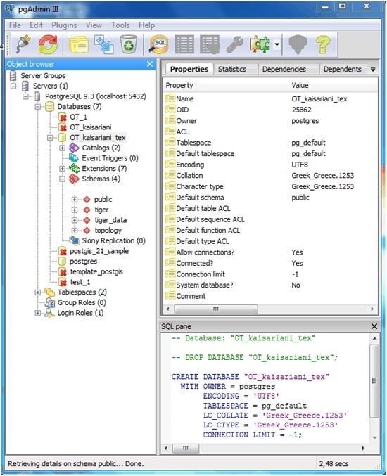 Σχήμα 4 15: Βάση δεδομένων OT_kaisariani_tex στην PostgreSQL Πηγή: PostgreSQL 9.