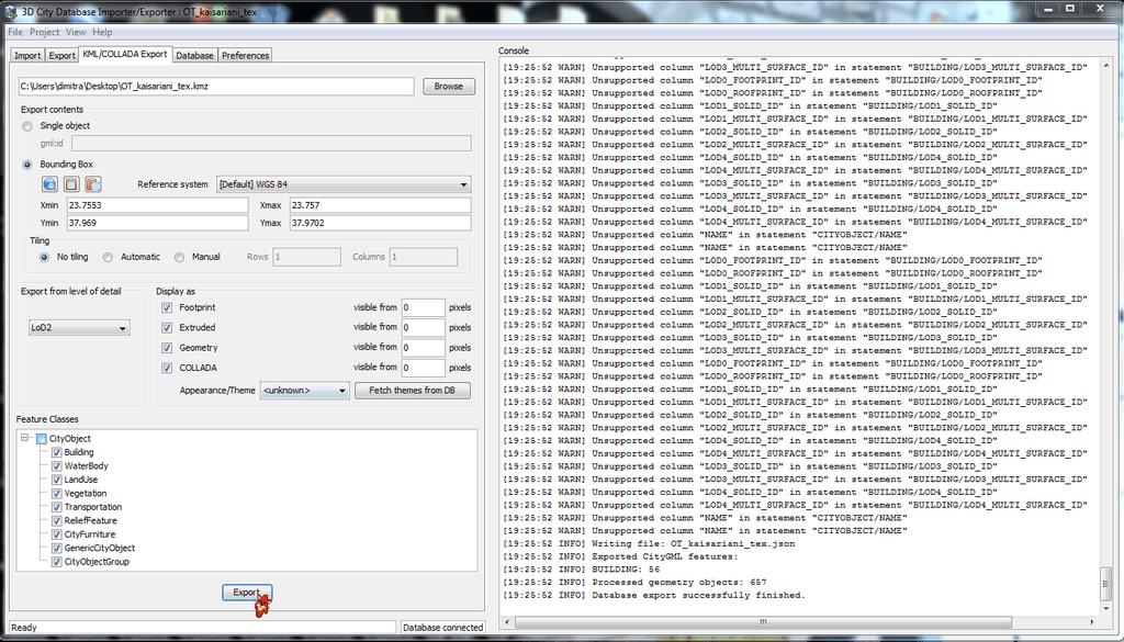 Σχήμα 4 29: KML/COLLADA Export Πηγή: 3DCityDB-Importer-Exporter-1.
