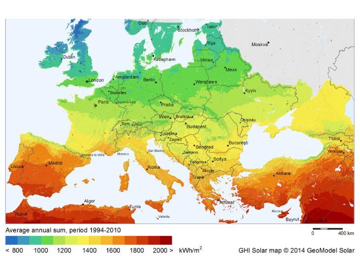 Εικόνα 3.2 ευρωπαϊκός χάρτης καταλληλόλητας ηλιακών θερμικών εφαρμογών (www.solargis.info, n.d.