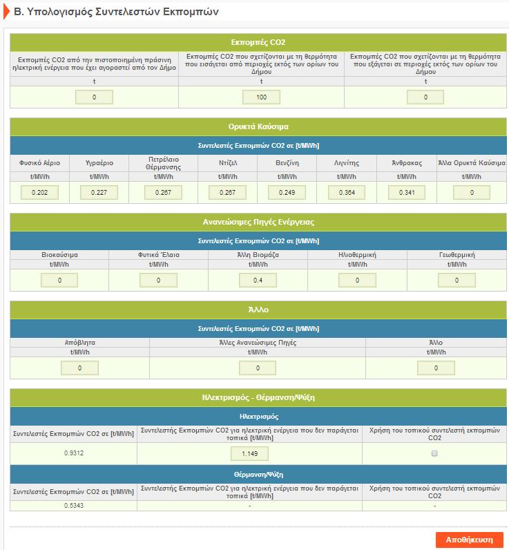 B. Υπολόγισμος Συντελεστών Εκπομπών Σε αυτή την ενότητα σας ζητάται να συμπληρώσετε όλους τους συντελεστές εκπομπών, οι οποίοι είναι διαφορετικοί για κάθε χώρα και θα χρησιμοποιηθούν αργότερα με