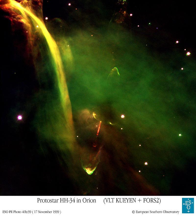 Herbig-Haro 34 στον Ωρίωνα Ο πίδακας είναι ορατός ως κόκκινος Λοβοί