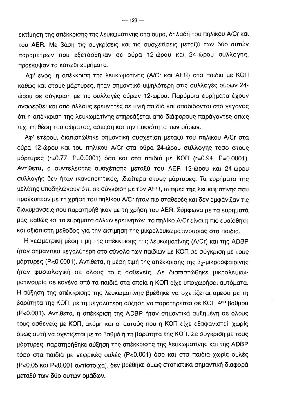 123 εκτίμηση της απέκκρισης της λευκωματίνης στα ούρα, δηλαδή του πηλίκου A/Cr και του AER.