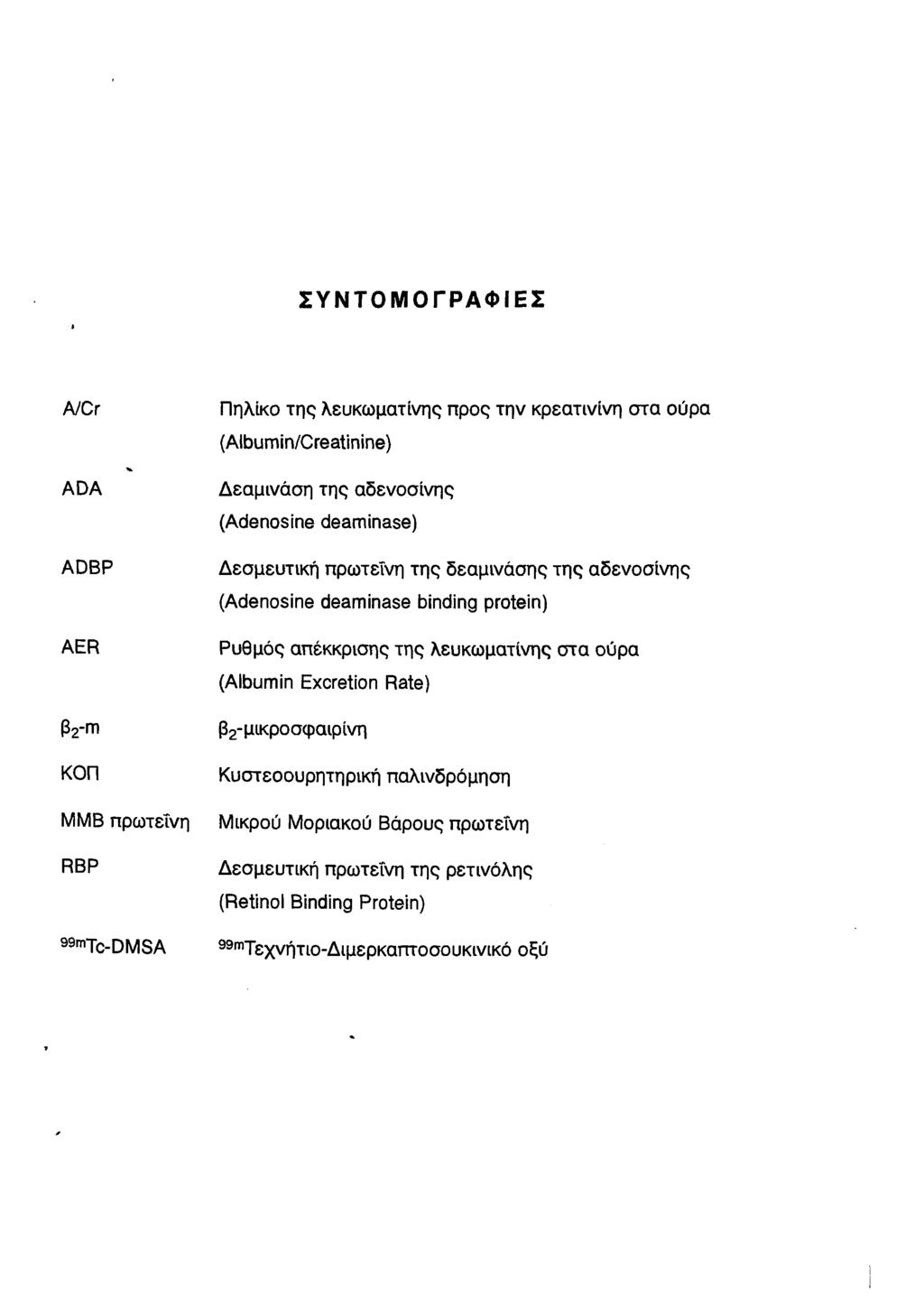 ΣΥΝΤΟΜΟΓ ΡΑ ΦΙΕΣ A/Cr ADA ADBP AER Πηλίκο της λευκωματίνης προς την κρεατινίνη στα ούρα (Albumin/Creatinine) Δεαμινάση της αδενοσίνης (Adenosine deaminase) Δεσμευτική πρωτεΐνη της δεαμινάσης της