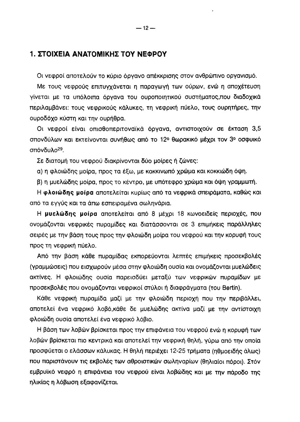 12 1. ΣΤΟΙΧΕΙΑ ΑΝΑΤΟΜΙΚΗΣ ΤΟΥ ΝΕΦΡΟΥ Οι νεφροί αποτελούν το κύριο όργανο απέκκρισης στον ανθρώπινο οργανισμό.