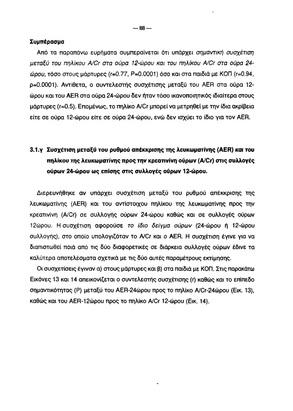 88 Συμπέρασμα Από τα παραπάνω ευρήματα συμπεραίνεται ότι υπάρχει σημαντική συσχέτιση μεταξύ του πηλίκου A/Cr στα ούρα 12-ώρου και του πηλίκου A/Cr στα ούρα 24- ώρου, τόσο στους μάρτυρες (r=0.77, Ρ=0.