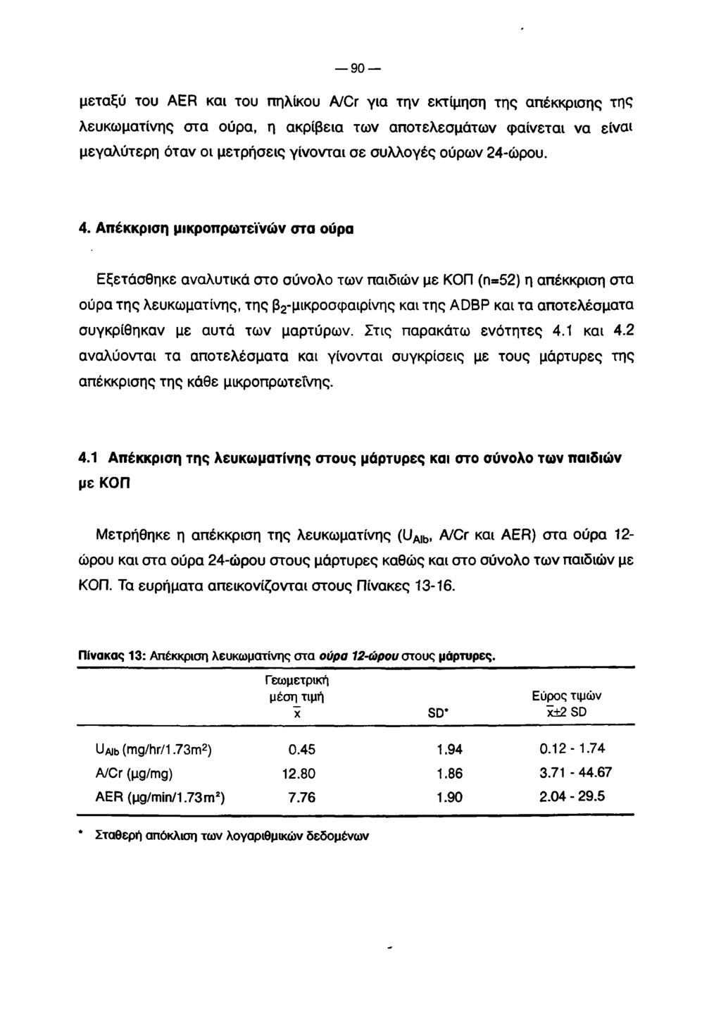 9 0 μεταξύ του AER και του πηλίκου A/Cr για την εκτίμηση της απέκκρισης της λευκωματίνης στα ούρα, η ακρίβεια των αποτελεσμάτων φαίνεται να είναι μεγαλύτερη όταν οι μετρήσεις γίνονται σε συλλογές