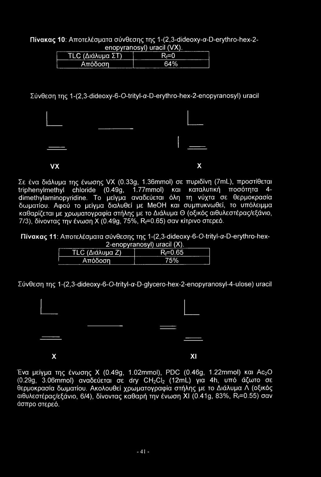 36mmol) σε πυριδίνη (7ml_), προστίθεται triphenylmethyl chloride (0.49g, 1.77mmol) και καταλυτική ποσότητα 4- dimethylaminopyridine. Το μείγμα αναδεύεται όλη τη νύχτα σε θερμοκρασία δωματίου.
