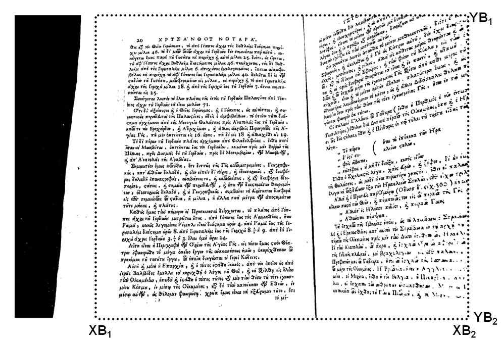 Σχήµα 3.2: Τα όρια του περιθωρίου XB 1, XB 2, YB 1 και YB 2. Εξοµάλυνση: Εφαρµόζουµε οριζόντια και κάθετη εξοµάλυνση της εικόνας µε τον αλγόριθµο RLSA [27].
