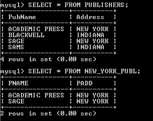 PUBLISHERS; SELECT * FROM NEW_YORK_PUBL; INSERT INTO NEW_YORK_PUBL (PName, Padd) VALUES