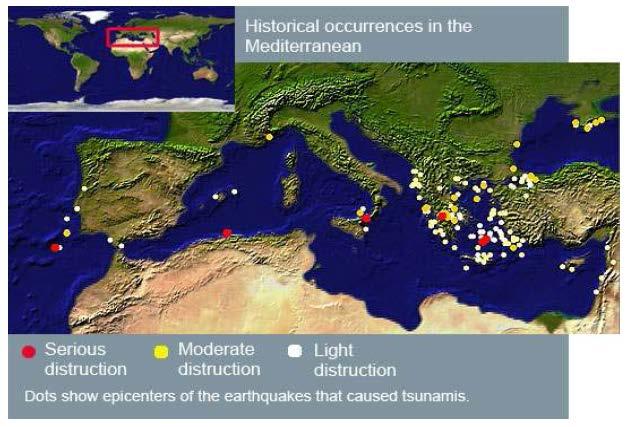 Χάρτης σεισμικών επικέντρων που προκάλεσαν τσουνάμι, ιστορικά συμβάντα στην περιοχή Απότομα πρανή λόγω ρηγμάτων, διαβρωσιγενείς δομές (χαραδρώσεις), υποθαλάσσιες κατολισθήσεις και έντονη σεισμική