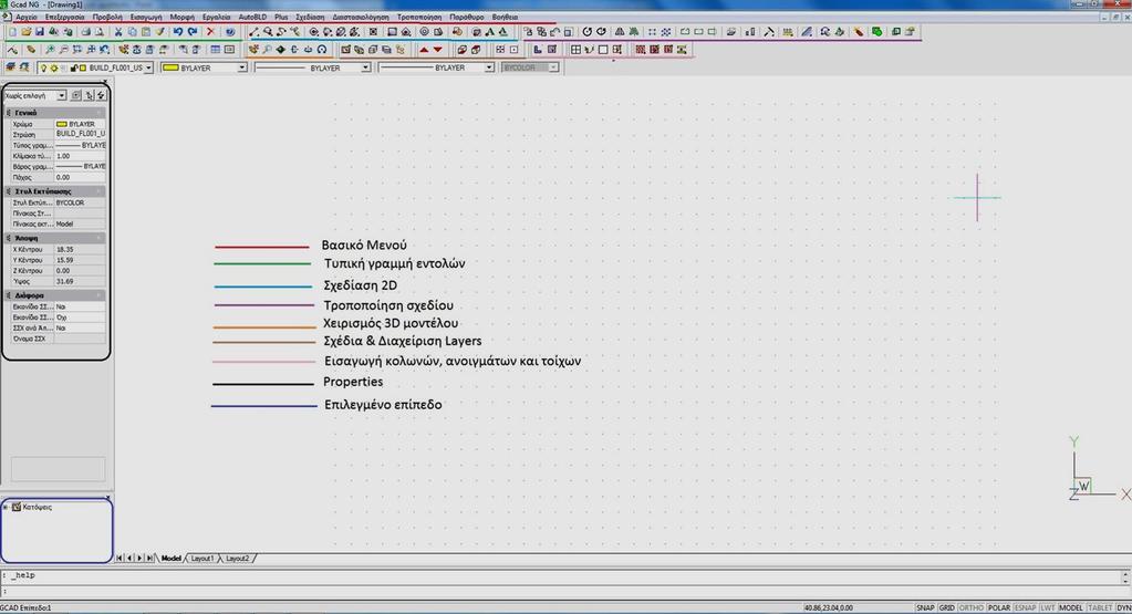 2.3.2 ΠΕΡΙΓΡΑΦΗ ΧΡΗΣΗΣ-ΣΧΕΔΙΑΣΜΟΣ ΤΟΥ ΚΤΗΡΙΟΥ ΣΤΟ GCAD 2.3.2.1 Αρχικό περιβάλλον Με το άνοιγμα του προγράμματος, εμφανίζεται η παρακάτω αρχική οθόνη: Εικόνα 2.