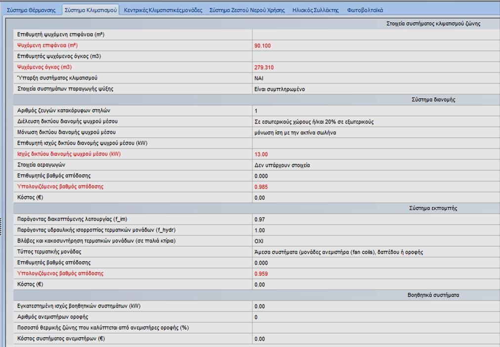 Σύστημα Κλιματισμού Όπως και στα συστήματα θέρμανσης, σε αυτή την καρτέλα συμπληρώνουμε τα αντίστοιχα δεδομένα για το σύστημα κλιματισμού όπου αποφασίσαμε να τοποθετήσουμε. Εικόνα 3.