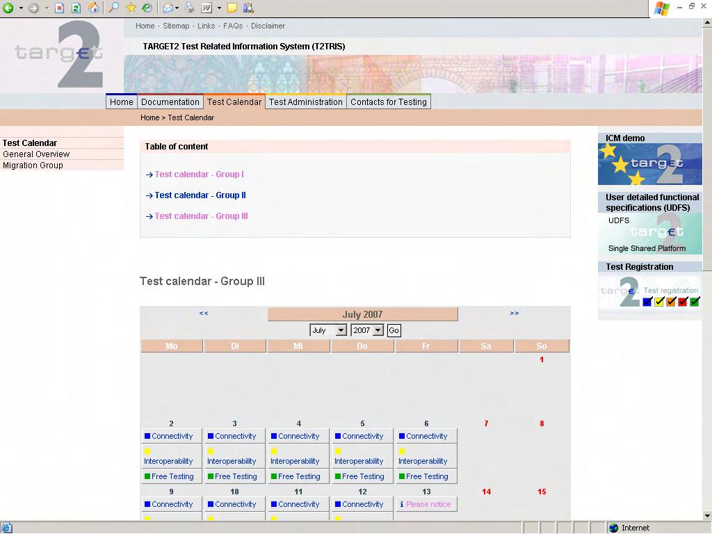 4.3 Ηµερολόγιο Test Calendar Test Calendar: Εδώ υπάρχει πληροφορία για: Τις δυνατότητες δοκιµών ανά οµάδα µετάπτωσης