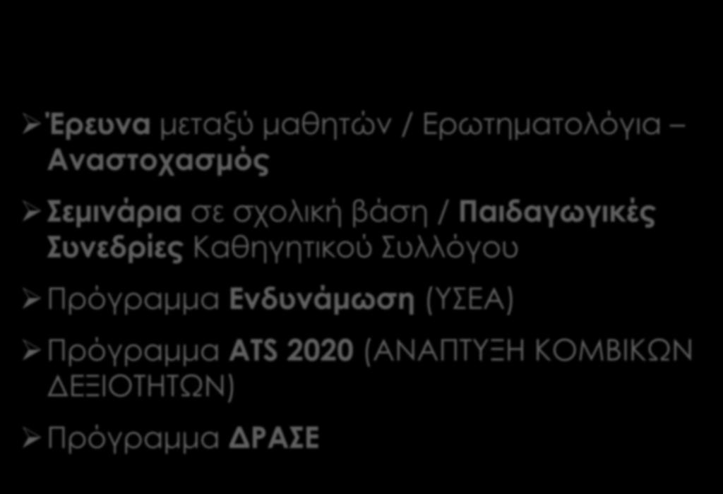 Δράσεις που υλοποιήθηκαν Έρευνα μεταξύ μαθητών / Ερωτηματολόγια Αναστοχασμός Σεμινάρια σε σχολική βάση / Παιδαγωγικές