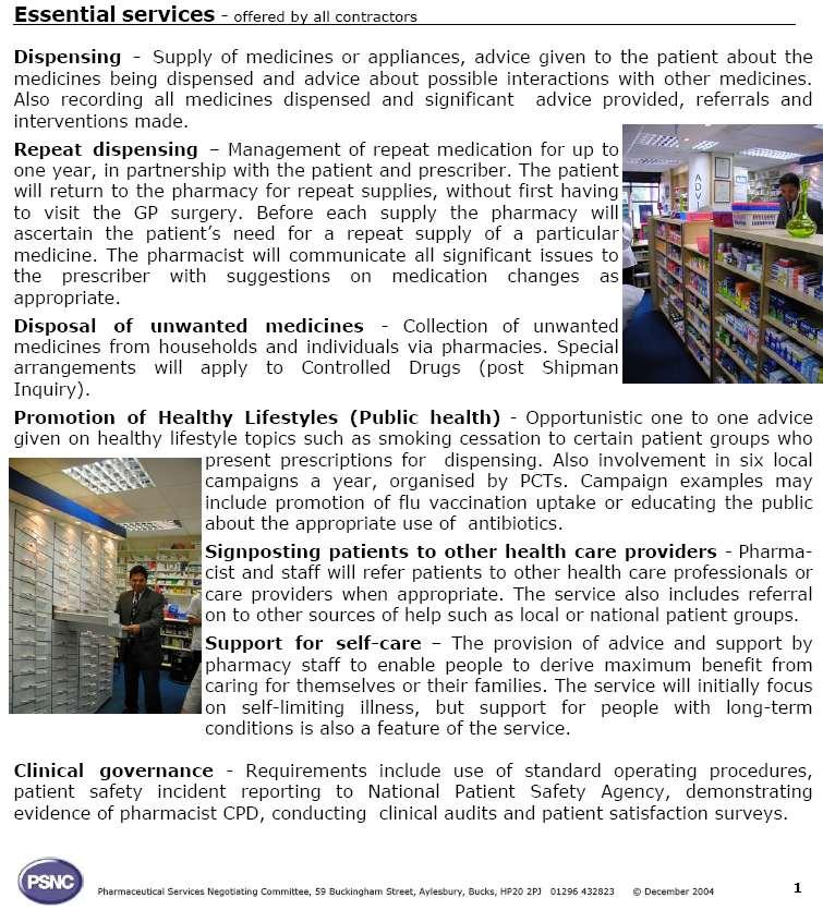 Dispensing Repeat Dispencing Disposal of unwanted medicines Promotion of