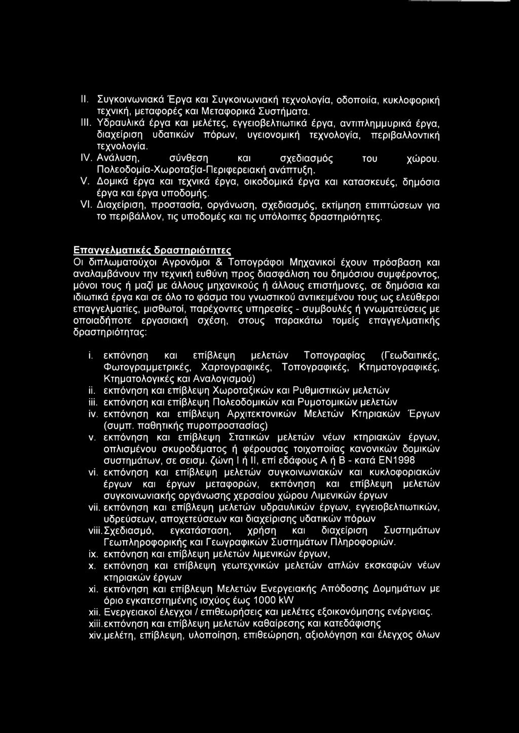 Πολεοδομία-Χωροταξία-Περιφερειακή ανάπτυξη. V. Δομικά έργα και τεχνικά έργα, οικοδομικά έργα και κατασκευές, δημόσια έργα και έργα υποδομής. VI.