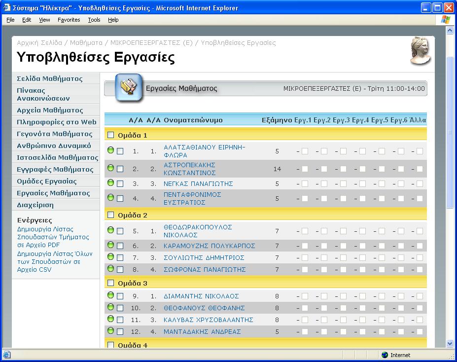 Οι σπουδαστές του μαθήματος έχοντας ανατεθεί σε ομάδες εργασίας ή όχι, μπορούν να γίνουν συμμέτοχοι σε μια ισχυρή προσφερόμενη λειτουργία, αυτή της ηλεκτρονικής υποβολής εργασιών.