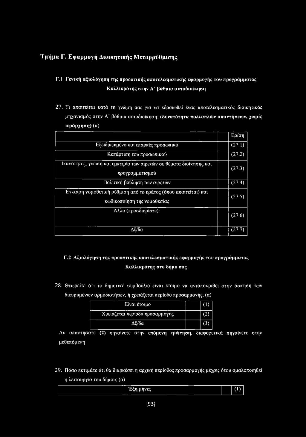 και επαρκές προσωπικό (27.1) Κατάρτιση του προσωπικού (27.2) Ικανότητες, γνώση και εμπειρία των αιρετών σε θέματα διοίκησης και (27.3) προγραμματισμού Πολιτική βούληση των αιρετών (27.