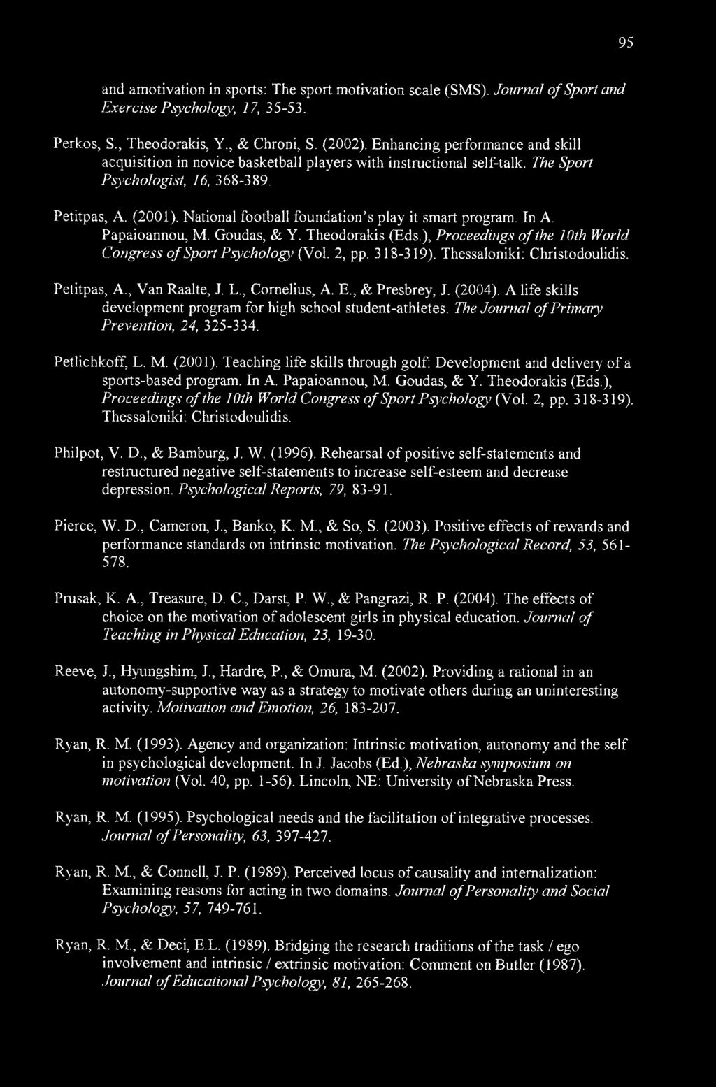 National football foundation s play it smart program. In A. Papaioannou, M. Goudas, & Y. Theodorakis (Eds.), Proceedings of the 10th World Congress of Sport Psychology (Vol. 2, pp. 318-319).