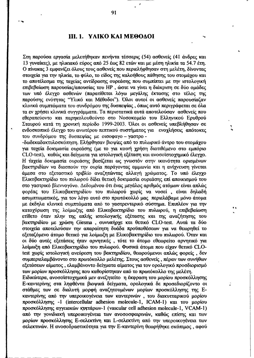 91 III. 1. Υ Λ ΙΚ Ο Κ Α Ι Μ Ε Θ Ο Δ Ο Ι Στη παρούσα εργασία μελετήθηκαν πενήντα τέσσερις (54) ασθενείς (41 άνδρες και 13 γυναίκες), με ηλικιακό εύρος από 25 έως 82 ετών και με μέση ηλικία τα 54.7 έτη.