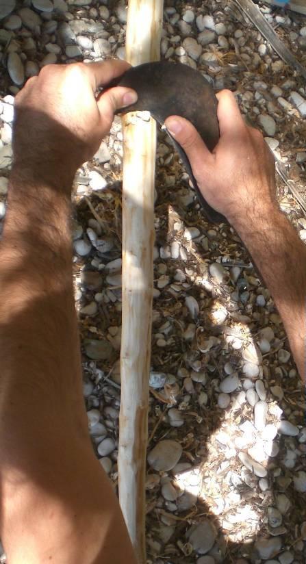 Το ξύλο στην παραδοσιακή ναυπηγική - μια πραγματική εφαρμογή 147 Αμέσως μετά την υλοτόμησή τους, καθαρίστηκε ο φλοιός των δύο μικρών κυπαρισσιών με ένα παλιό εργαλείο που ονομάζεται κασάρι (βλ.