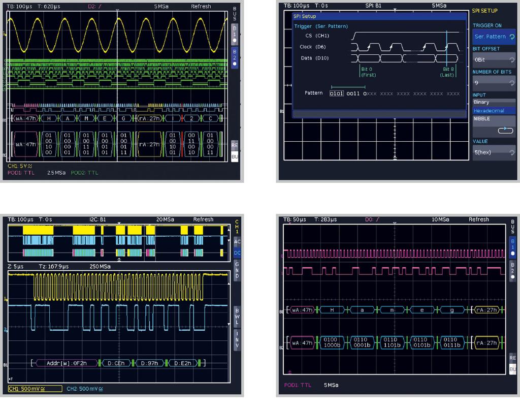 în coduri de culori pentru analiză intuitivă Funcţie Zoom Decodare în format ASCII, Binary, Hexadecimal sau Decimal Pentru toate osciloscoapele HMO Mixed Signal and Bus Display SPI Bus Trigger Setup