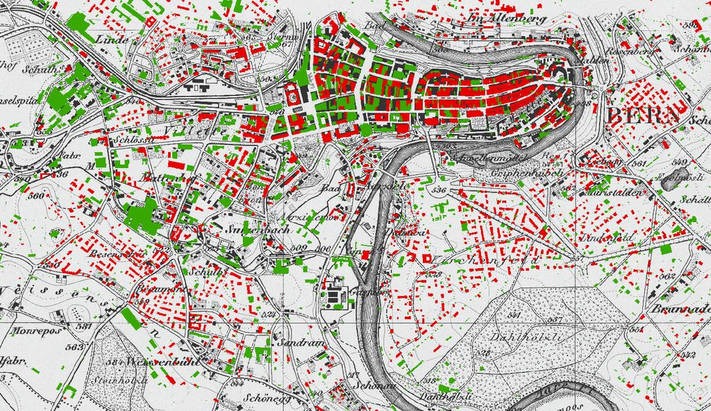 Σύγκριση με ιστορικούς χάρτες Σύγκριση κτιρίων από τους ιστορικούς χάρτες με σύγχρονα κτίρια και την περιγραφική τους πληροφορία που προέρχονται από τις δημόσιες υπηρεσίες της Ελβετίας