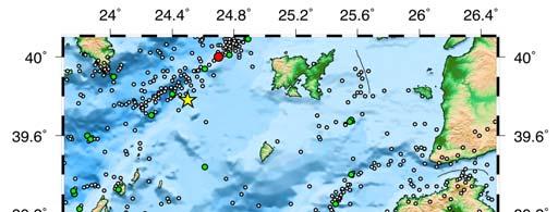 Figure 3. Spatial distribution of earthquakes with M 4. in North Aegean Sea since 975. White, green and red circles depict the 4. M<5., 5. M<6. and 6. M<7. earthquakes, respectively.