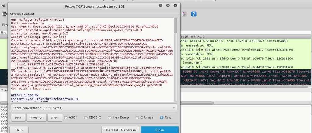 εηθψνα 4.27 ζηο wireshark θαηαγπάθηεθε ηο tcp stream ψιυν ηυν παθέηυν πος σπεηάζηεθε γηα να θαιέζεη ηεν ηζηοζειίδα www.webs.