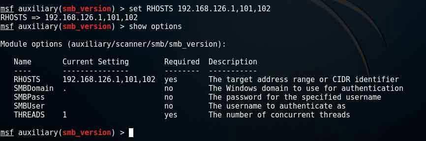 δϊςω ςτον terminal τθν εντολι use ayxiliary/scanner/smb/smb_version 110 τϊρα μία εντολι που κα δϊςω που αυτιν τθν εντολι τθν δίνουν πάντα μετά από φόρτωςθ κάποιου module είναι θ show options και εδϊ