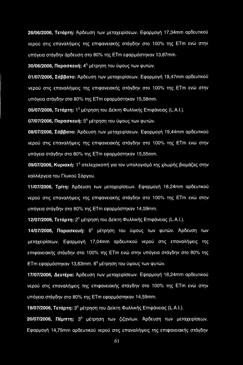 30/06/2006, Παρασκευή: 4η μέτρηση του ύψους των φυτών. 01/07/2006, Σάββατο: Άρδευση των μεταχειρίσεων.