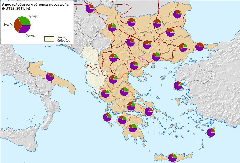 Για το 2011 στο σύνολο της ζώνης επιδράσεων, το 10% περίπου των απασχολούμενων αφορά στον πρωτογενή τομέα, 3 στους 10 δεσμεύονται από τους κλάδους του δευτερογενή τομέα ενώ 6 στους 10 απορροφούνται