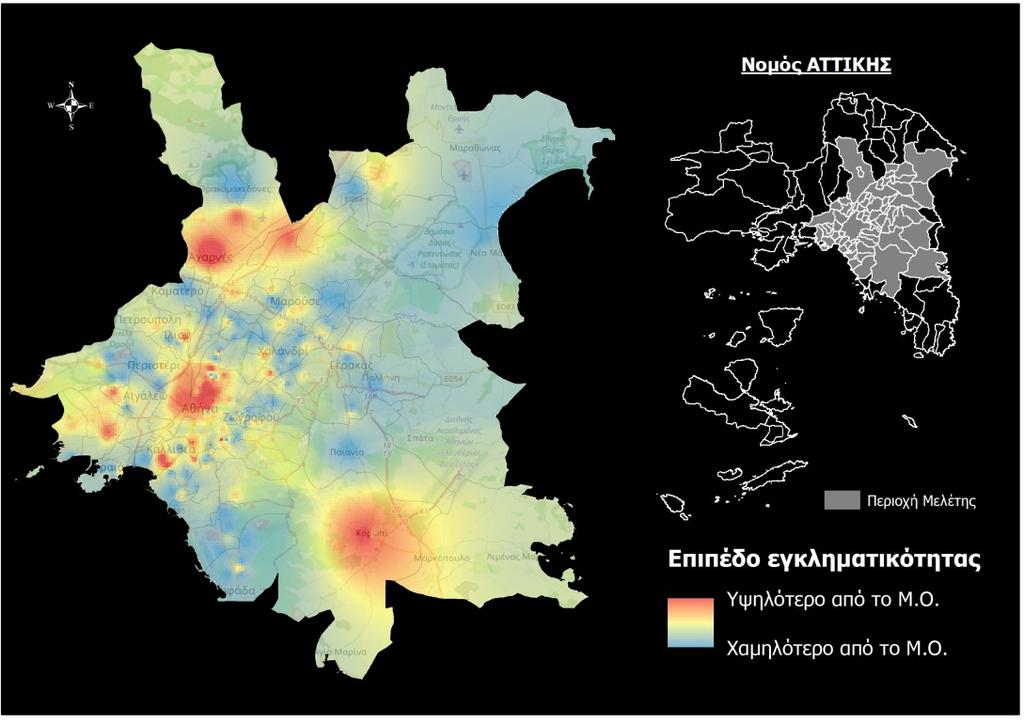 Στη συνέχεια δημιουργήθηκε ο χάρτης raster (5.16) από το συνδυασμό των δύο ερωτήσεων σχετικά με το επίπεδο της εγκληματικότητας τόσο σε σχέση με την υπόλοιπη χώρα, όσο και με τις γειτονικές περιοχές.