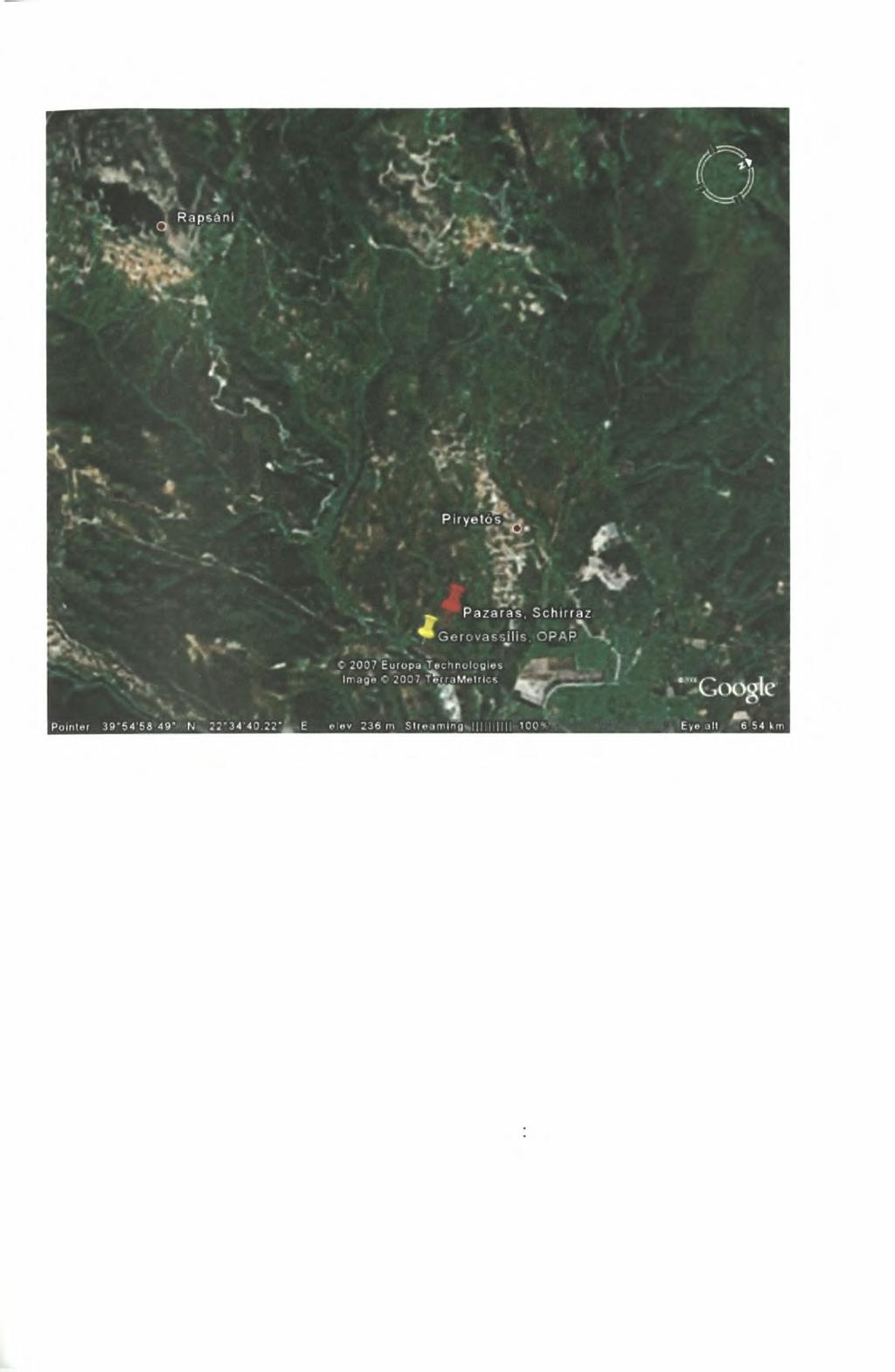 Εικόνα 4.1. Δορυφορική εικόνα της αμπελουργικής ζώνης Ραψάνης με τους υπό εξέταση αμπελώνες (Google Earth, 2007) 2.