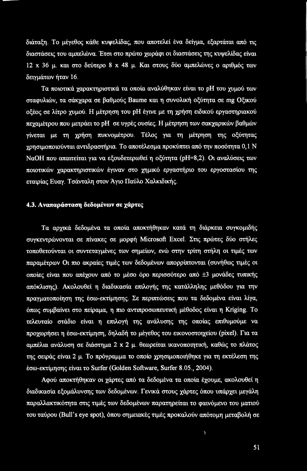 διάταξη. Το μέγεθος κάθε κυψελίδας, που αποτελεί ένα δείγμα, εξαρτάται από τις διαστάσεις του αμπελώνα. Έτσι στο πρώτο χωράφι οι διαστάσεις της κυψελίδας είναι 12 χ 36 μ. και στο δεύτερο 8 x 48 μ.