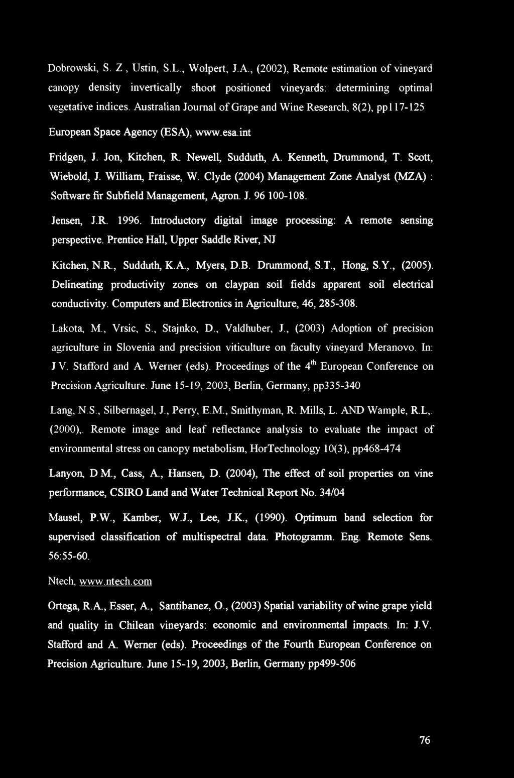 William, Fraisse, W. Clyde (2004) Management Zone Analyst (MZA) : Software fir Subfield Management, Agron. J. 96 100-108. Jensen, J.R. 1996.