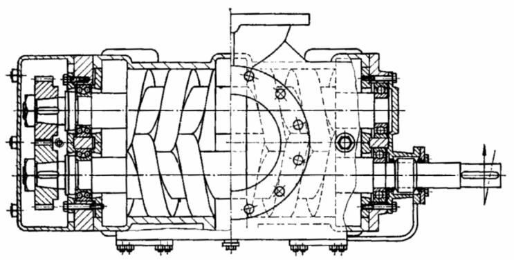 Fig. 4.15. Pompă cu două şuruburi, cu angrenare prin roţi dinţate O altă soluţie constructivă folosită la pompele cu două şuruburi este prezentată în figura 4.15. La această pompă, transmiterea mişcării de la şurubul conducător la cel condus se realizează prin două roţi dinţate fixate la capetele arborilor.