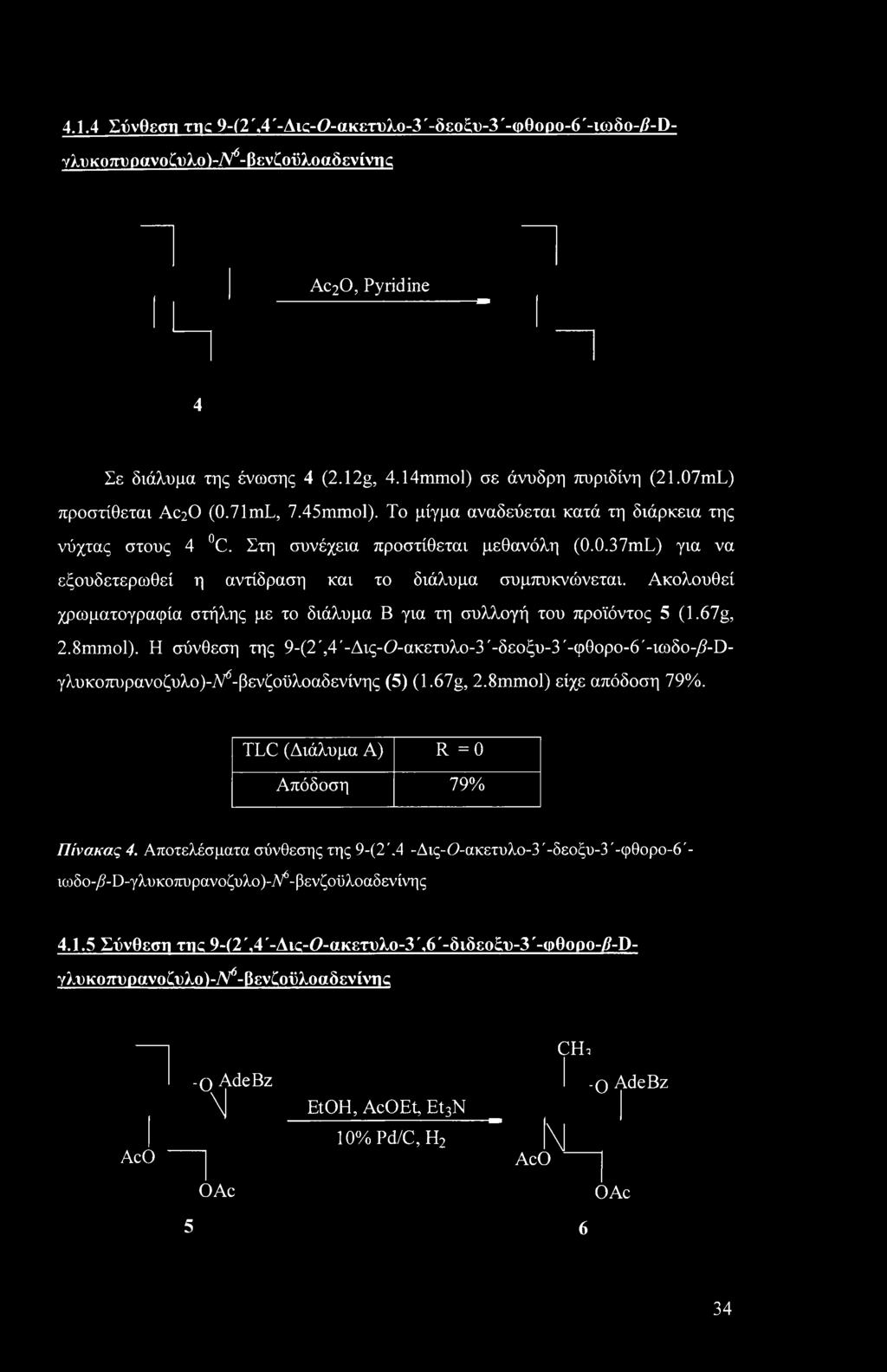 Ακολουθεί χρωματογραφία στήλης με το διάλυμα Β για τη συλλογή του προϊόντος 5 (1.67g, 2.8mmol). Η σύνθεση της 9-(2',4'-Δις-0-ακετυλο-3'-δεοξυ-3'-φθορο-6'-ιωδο-/?