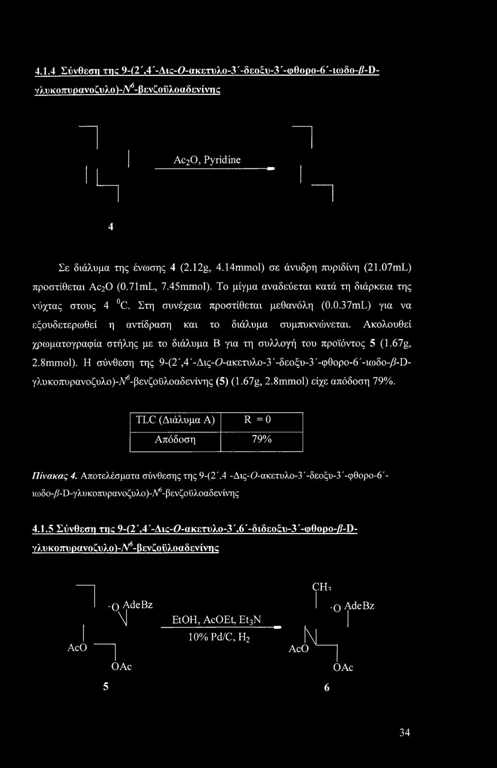 Ακολουθεί χρωματογραφία στήλης με το διάλυμα Β για τη συλλογή του προϊόντος 5 (1.67g, 2.8mmol). Η σύνθεση της 9-(2',4'-Δις-0-ακετυλο-3'-δεοξυ-3'-φθορο-6'-ιωδο-/?