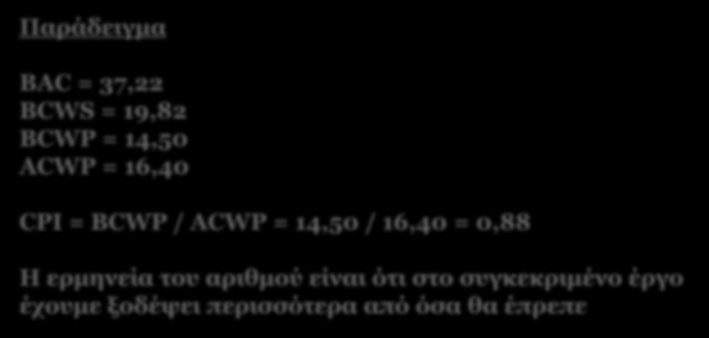 Δείκτης Απόδοσης Κόστους Παράδειγμα (Cost Performance Index CPI) Δείκτης Απόδοσης Κόστους είναι ο λόγος του προϋπολογισθέντος κόστους προς το πραγματικό κόστος για μια εργασία Τύπος CPI = BCWP / ACWP