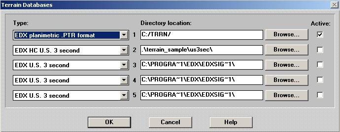 Κεφάλαιο 2ο: Οδηγός χρήσης του EDX Signal Pro. Εικόνα 2.2.9 Παράθυρο διαλόγου Terrain Databases. Μέσω των επιλογών Type EDX Planimetric.PTR format εισάγουµε το αρχείο δεδοµένων µας.