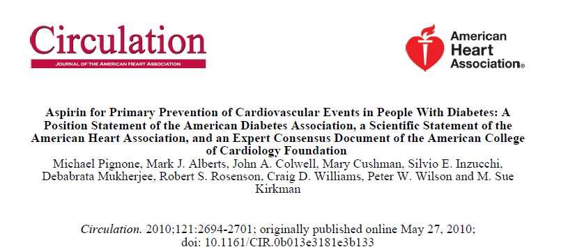 1. Aspirin is reasonable in diabetic patients whose 10-year risk of >10% (men age >50 years and women age >60 years with at least 1 additional risk factor: smoking, hypertension, dyslipidemia,