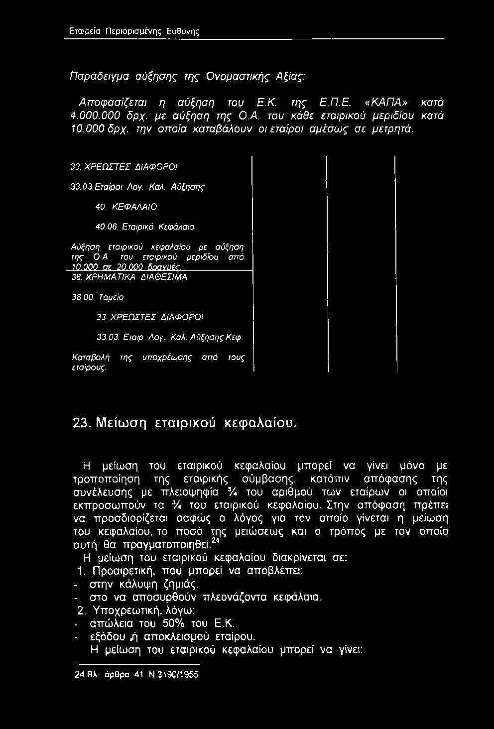 εταιρικού κεφαλαίου. Στην απόφαση πρέπει να προσδιορίζεται σαφώς ο λόγος για τον οποίο γίνεται η μείωση του κεφαλαίου, το ποσό της μειώσεως και ο τρόπος με τον οποίο αυτή θα πραγματοποιηθεί.