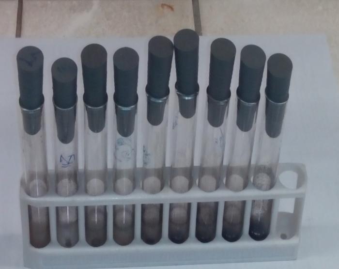 Στη συνέχεια, τοποθετούμε κάθε φορά σε μια κωνική φιάλη 12 ml ΜΜΑ και το οξείδιο του γραφίτη (0,1% w/w, 0,5% w/w, 1% w/w ως προς το βάρος του μονομερούς) στους υπερήχους για 1h (Εικόνα 10.2α).