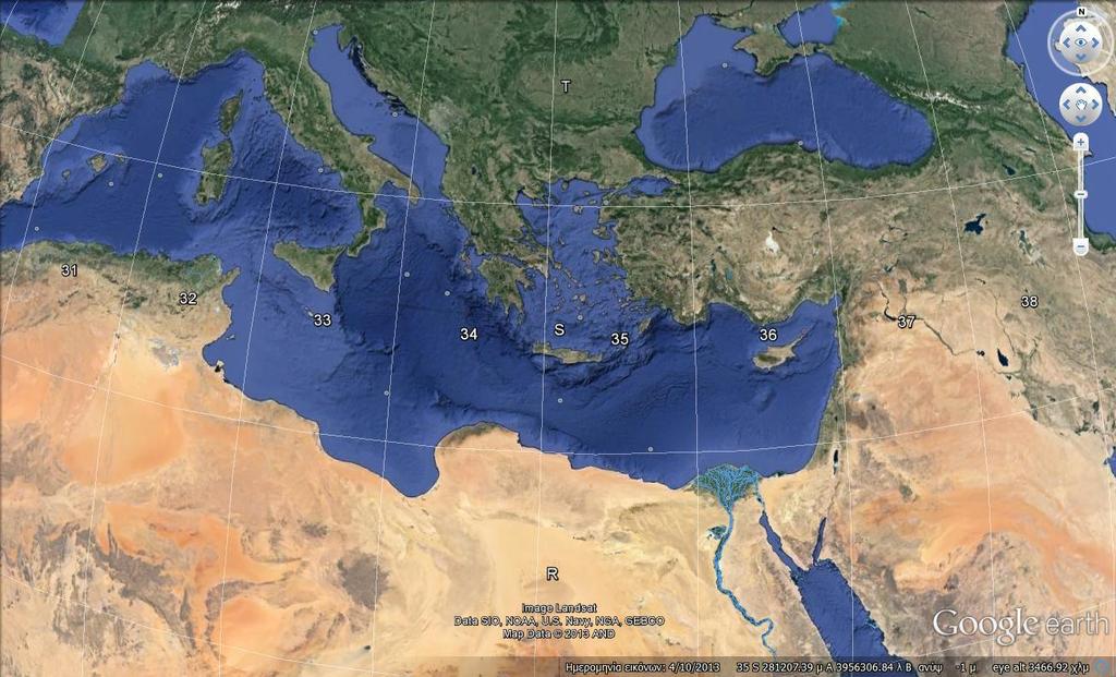 Προβολές χαρτών Το σχήμα 2.5 δείχνει την ευρύτερη περιοχή της Μεσογείου μαζί με τα γεωγραφικά όρια από το πρόγραμμα Google Earth.