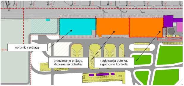 Prilog 113: Planirana integracija postojeće infrastrukture 1 (Izvor: MasterPlan Airport Consulting Vienna GmbH) Postojeća dvorana za registraciju (check-in) koristit će se kao sortirnica prtljage