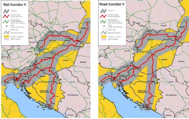 Ukupna duljina paneuropskog koridora prometne mreže "V" iznosi 1.600 km. Ona povezuje Jadransko more sa zemljama Srednje Europe i završava u Ukrajini.