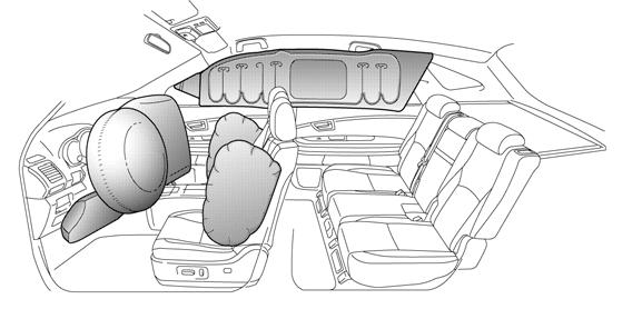 Αερόσακοι SRS και προεντατήρες ζωνών ασφαλείας Τυπικός εξοπλισμός Οι ηλεκτρονικοί αισθητήρες μετωπικής σύγκρουσης (2) είναι τοποθετημένοι στο χώρο του κινητήρα.