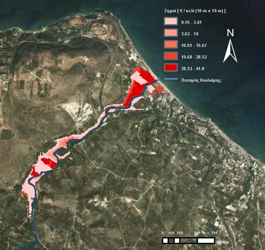 στα Σύνθετα Συστήματα Καλλιέργειας ήταν μεγαλύτερης σημαντικότητας και σε αυτήν την περίπτωση. Ο κίνδυνος της πλημμυρικής ζημιάς διατηρείται περισσότερο εμφανής στην κατάντη περιοχή. Εικόνα 5.21.