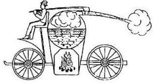 Slika : Newtonovo vozilo na paru pumpu za crpljenje vode iz rudnika. Sastoji se od kotla, dvije posude pod tlakom, te usisne i tlačne cijevi.